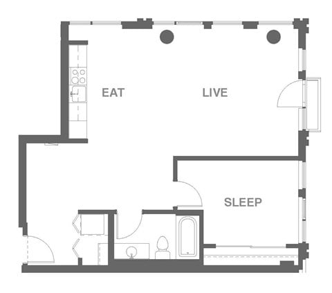 Floor plan for 1 bed, 1 bath, 808 sqft